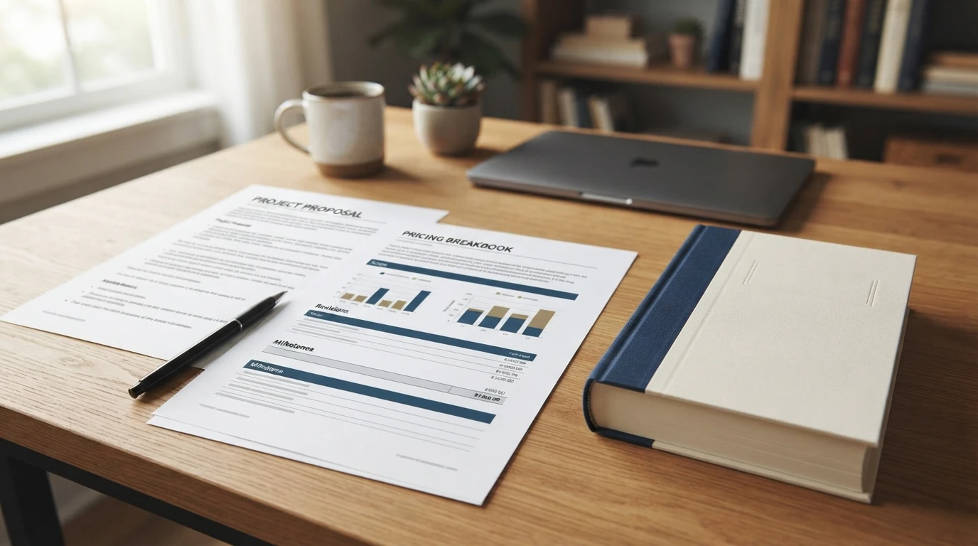 Detailed project proposal beside hardcover book