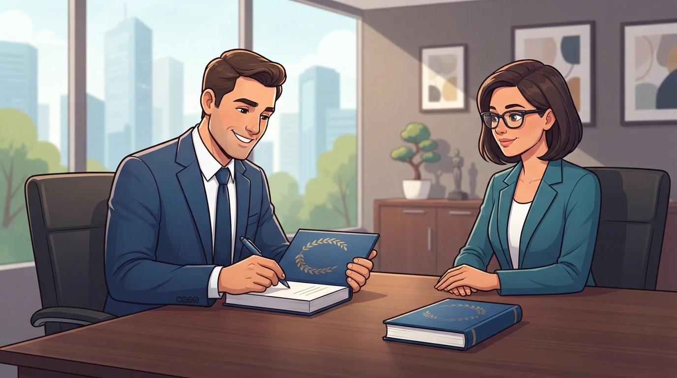 Author signing book for a client