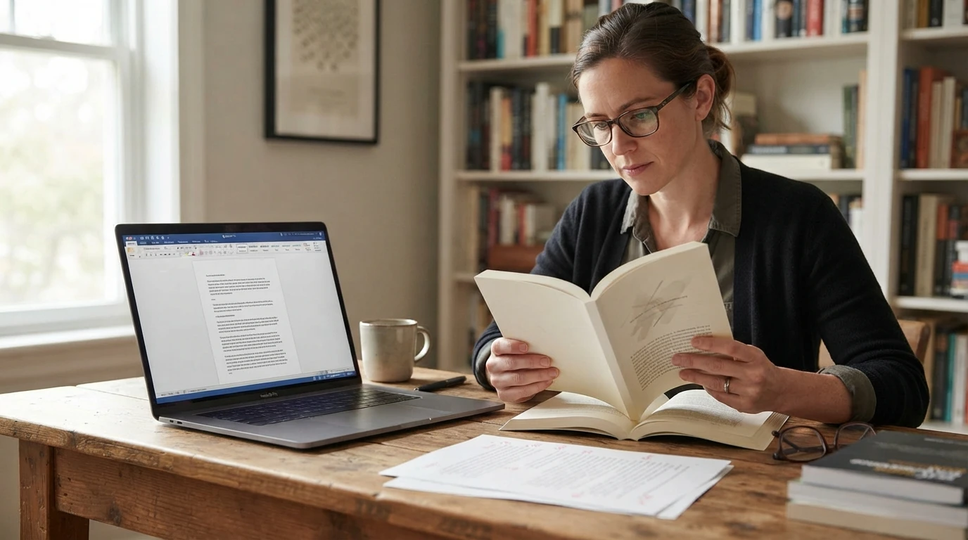 Author reviewing printed book proof beside laptop