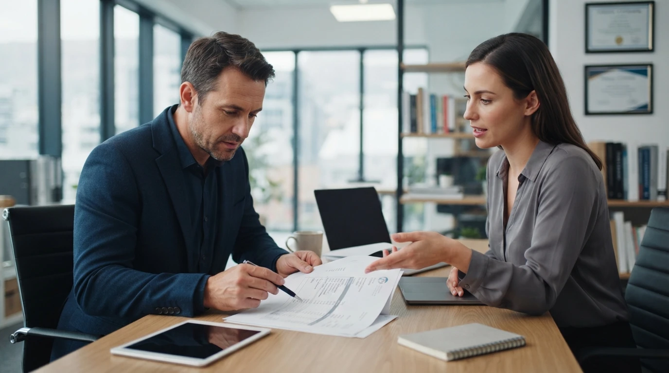 Consultant reviewing invoice with business owner