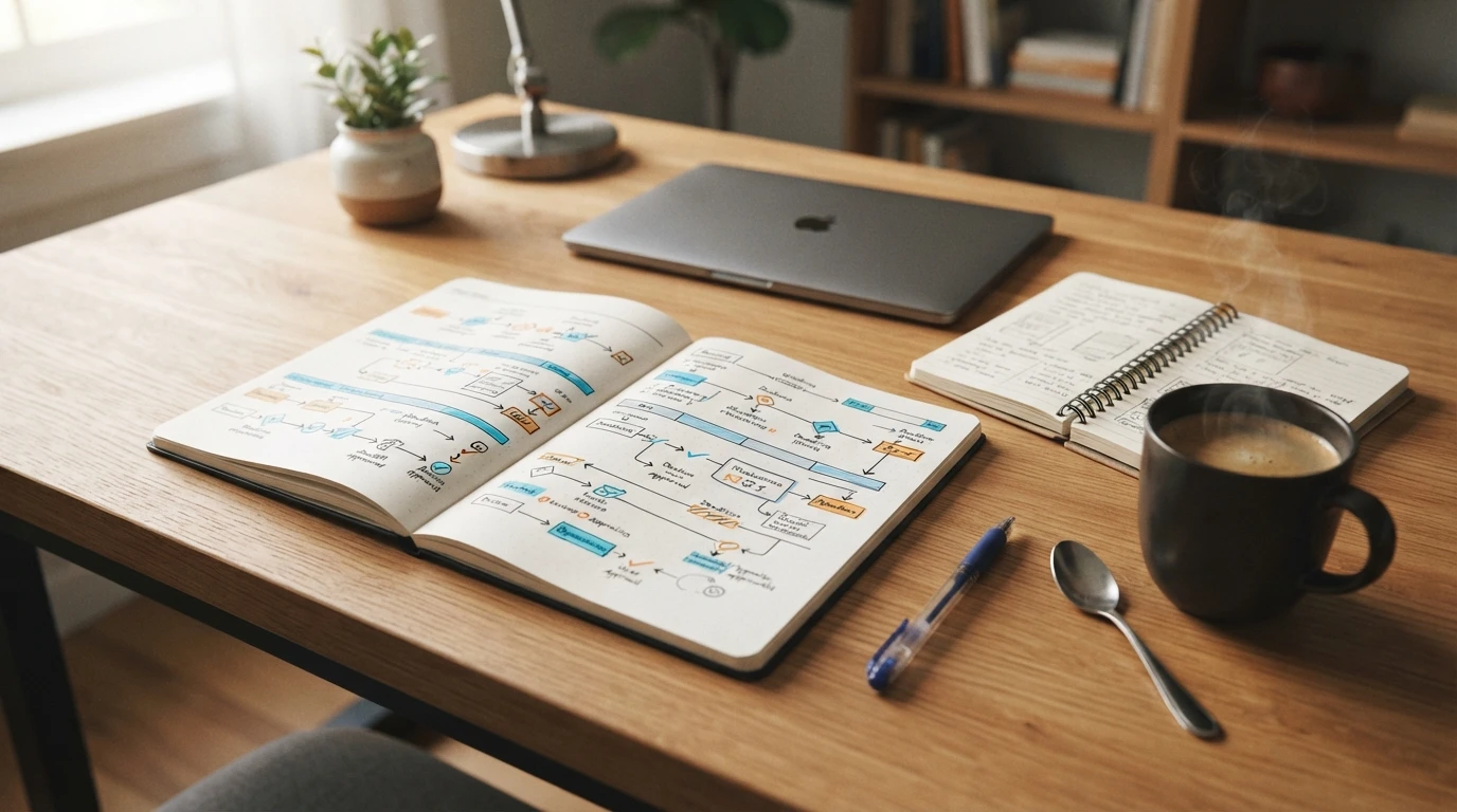 Handwritten project calendar on wooden desk