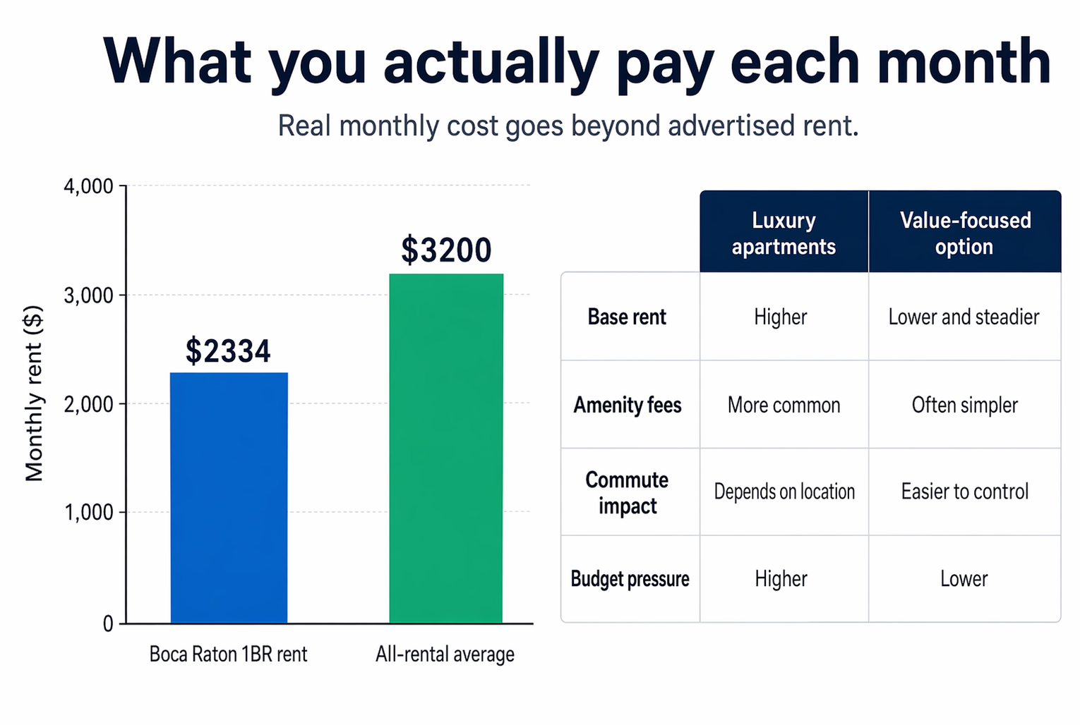 Luxury Apartments Boca vs Boca Raton Apartments 3 Bar chart comparing monthly costs in Boca Raton luxury versus value apartments
