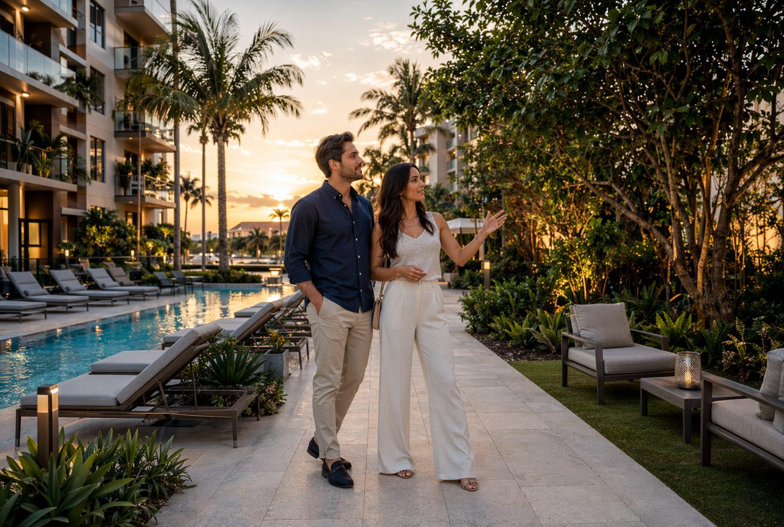 Luxury Apartments Boca vs Boca Raton Apartments 4 Young couple relaxing by pool and garden at sunset