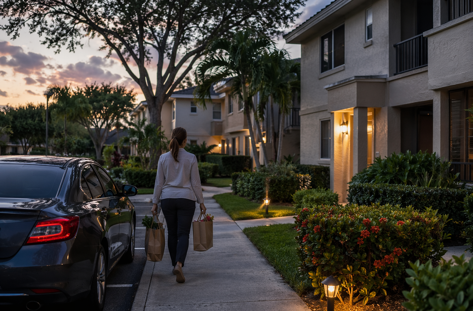 Luxury Apartments Boca vs Boca Raton Apartments 5 Woman unloading groceries at quiet Boca garden apartment walkway