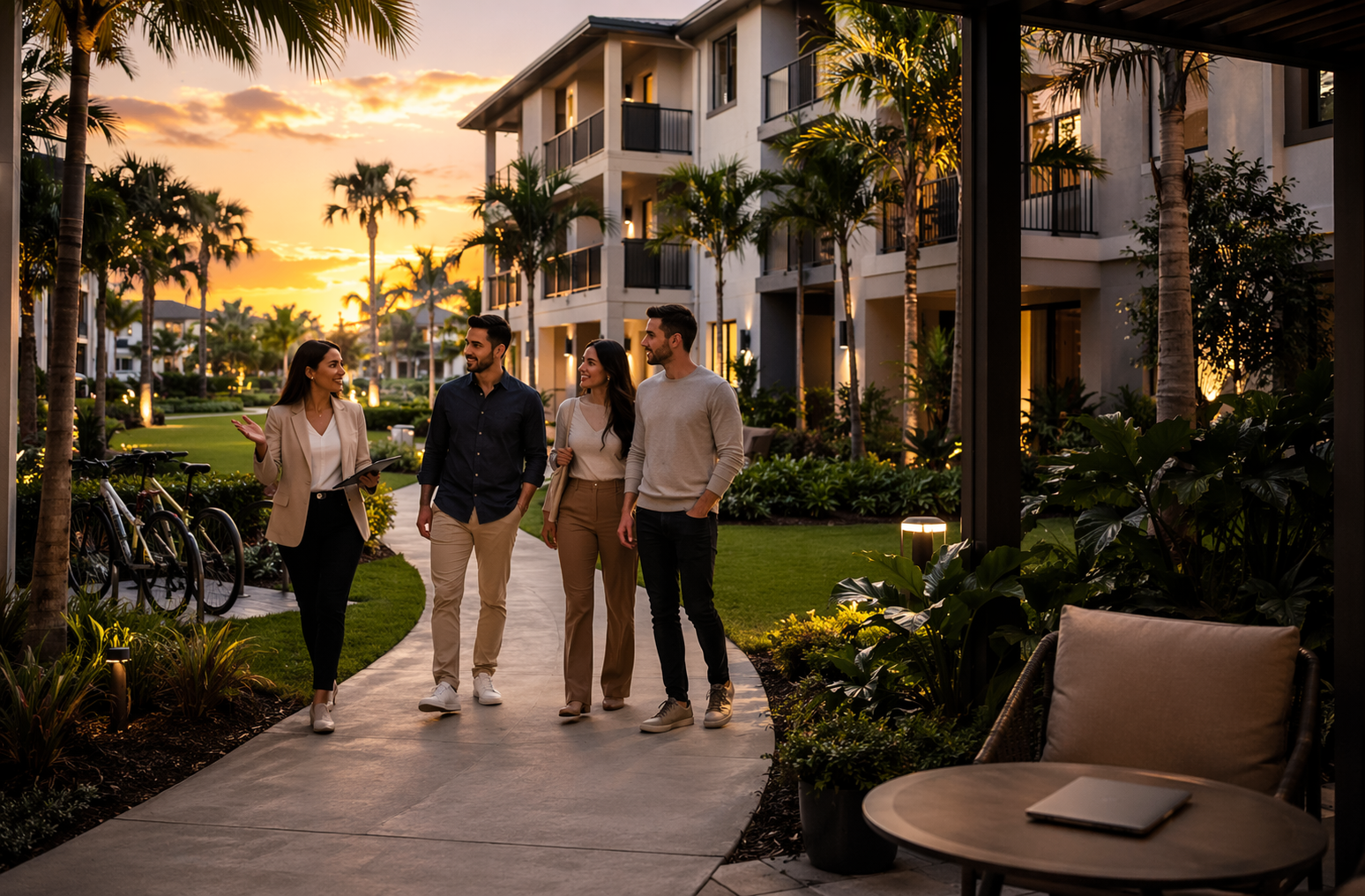Latest News: New Residential Community Boca Development Announced 1 Young renters enjoying garden courtyard at sunset