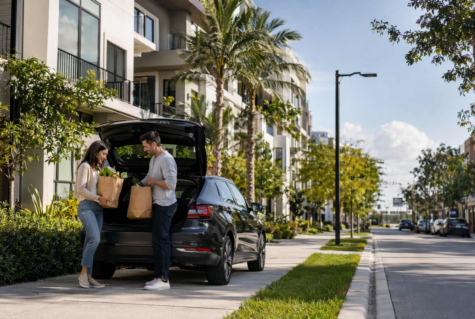 Latest News: New Residential Community Boca Development Announced 2 Couple unloading groceries beside low-rise apartments