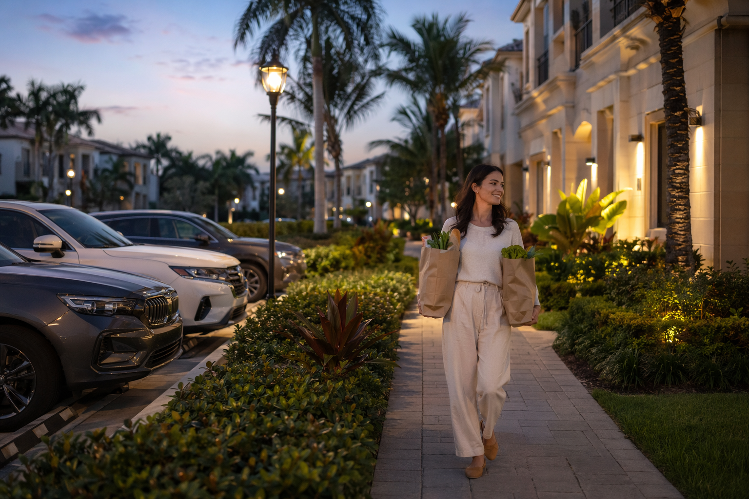 Resident carrying groceries along landscaped walkway at dusk