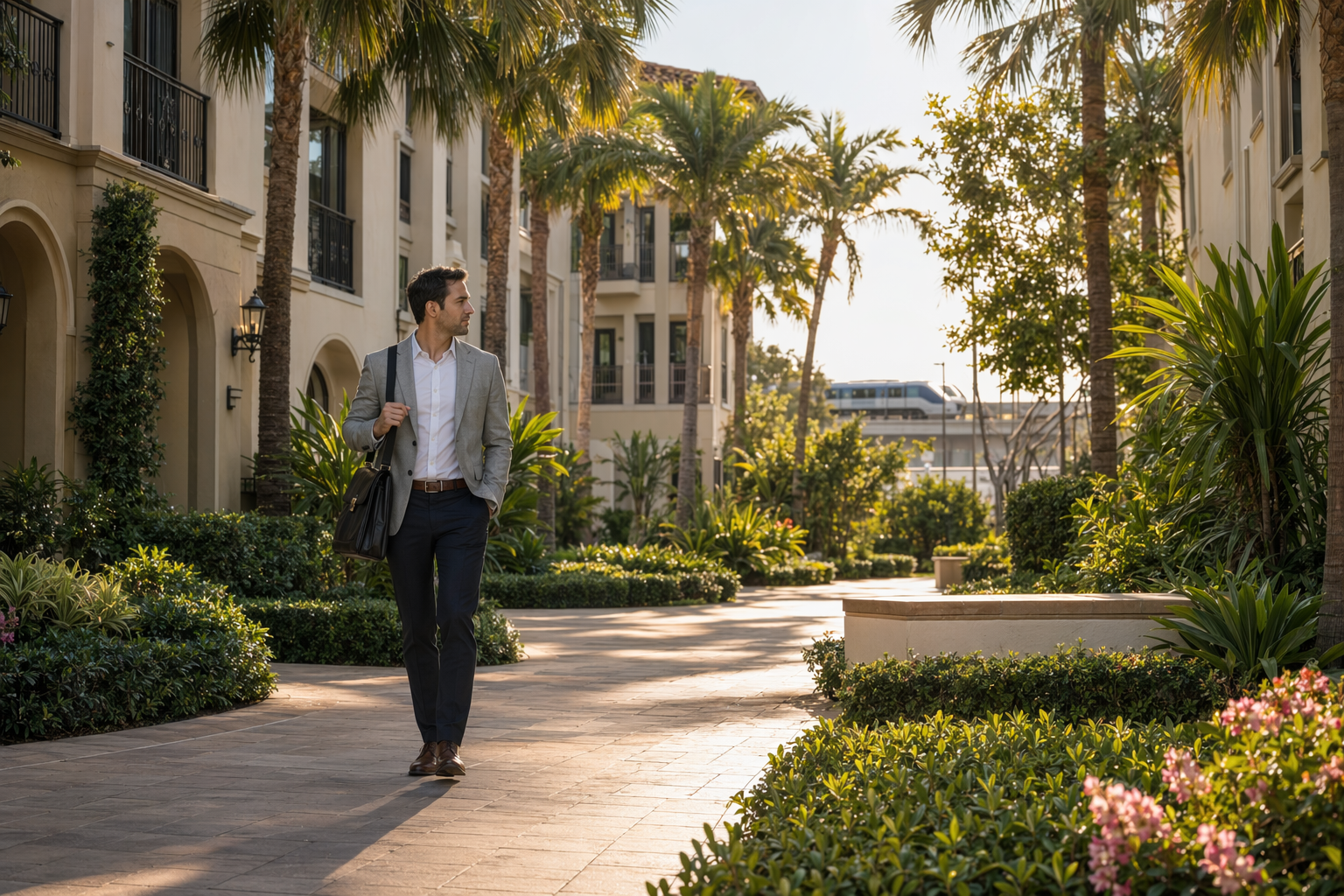 Professional walking through shaded apartment courtyard at sunrise