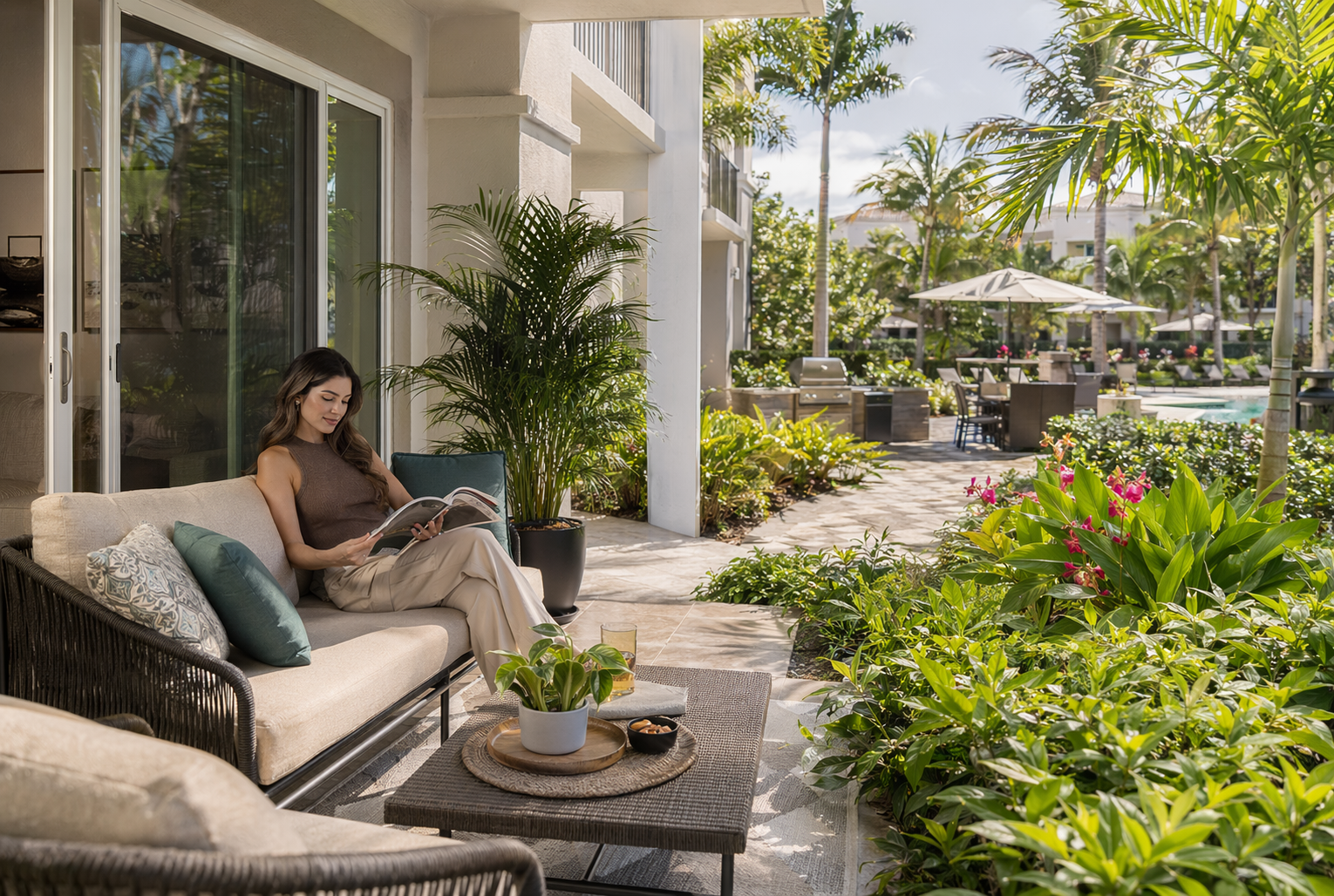 Resident relaxing on private patio with lush garden in Boca