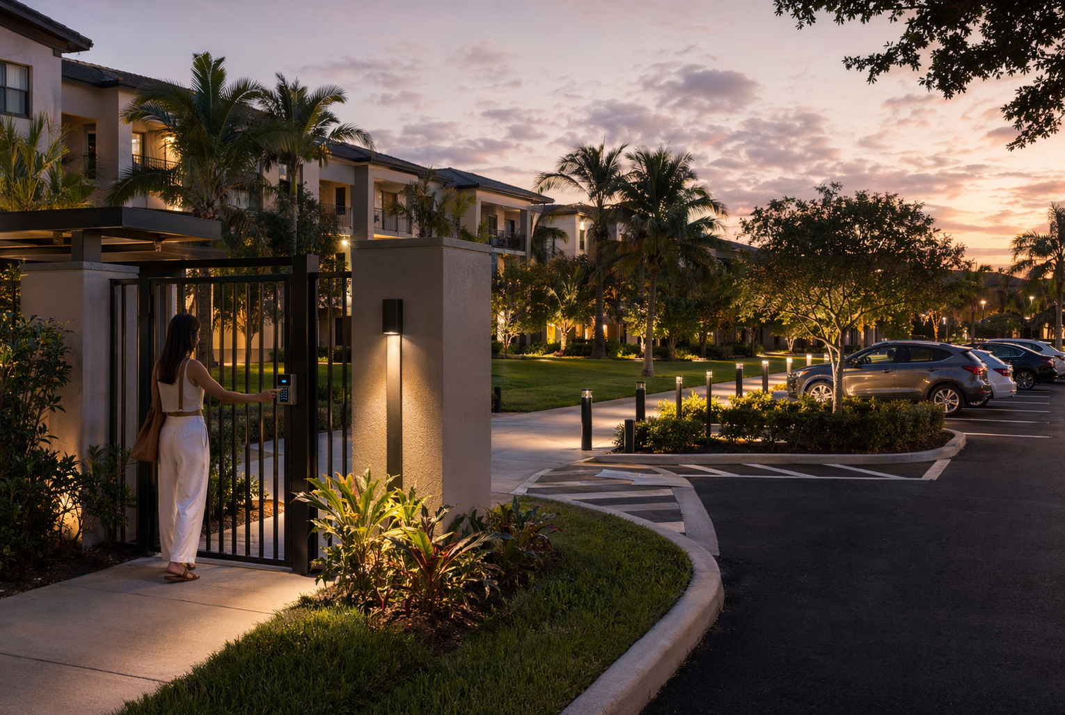 Resident unlocking secure gated entrance at dusk