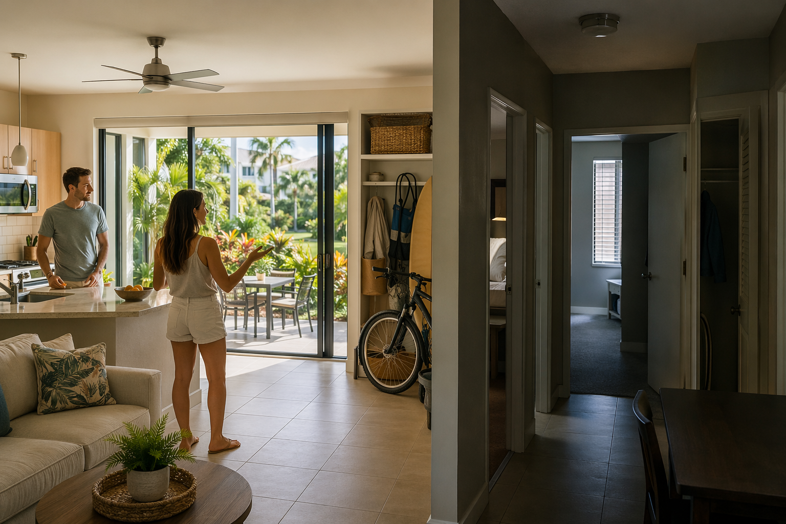 Garden Style Living vs Traditional Apartments in Boca 1 Young couple comparing garden patio and hallway apartment interior