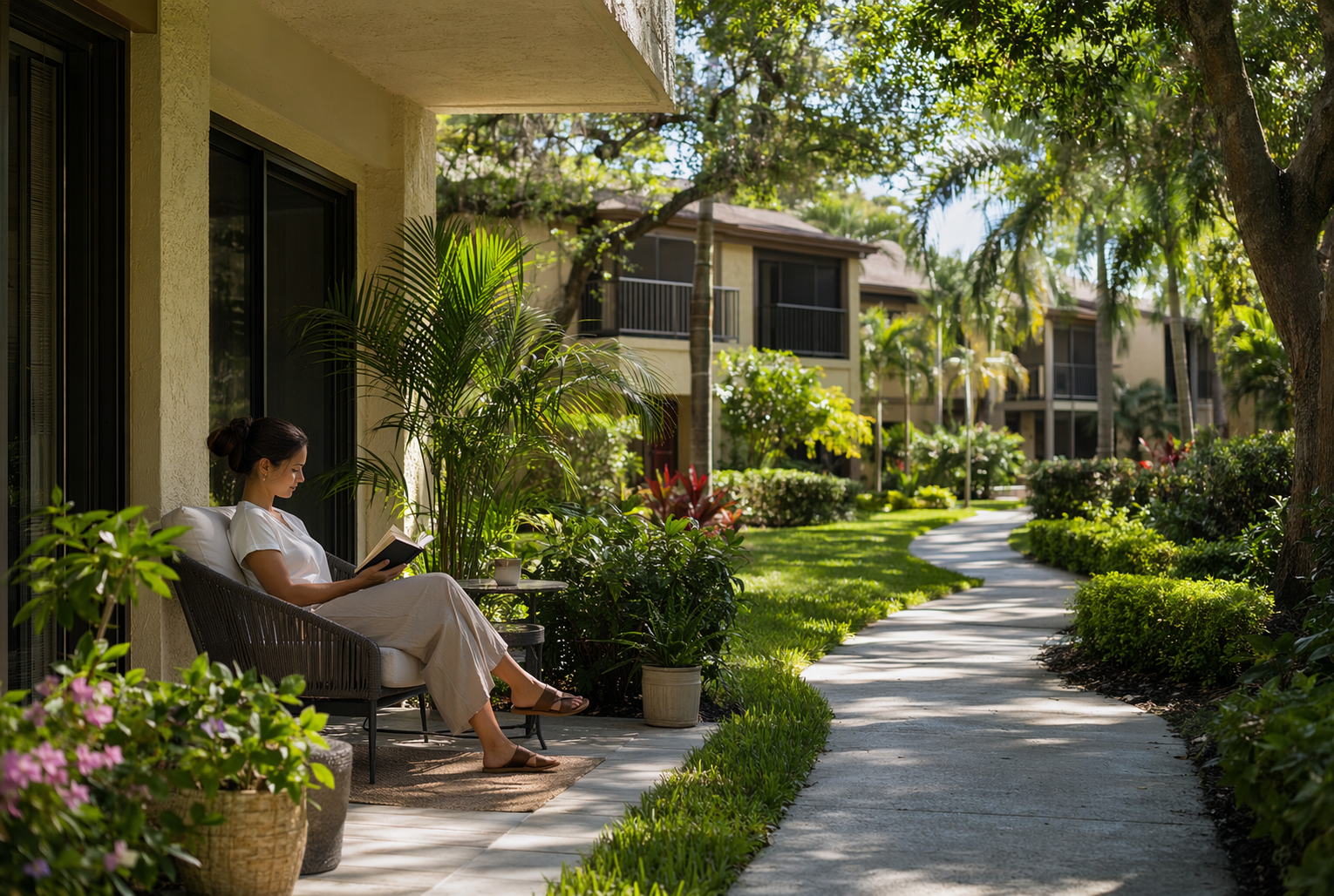 Garden Style Living vs Traditional Apartments in Boca 2 Resident reading on shaded garden patio