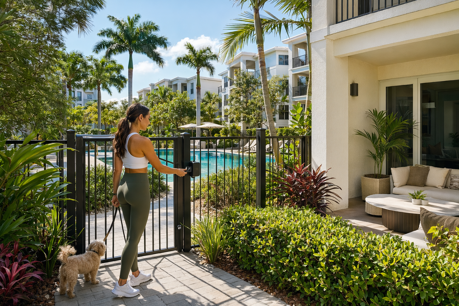 Garden Style Living vs Traditional Apartments in Boca 3 Resident unlocking pool gate near landscaped courtyard