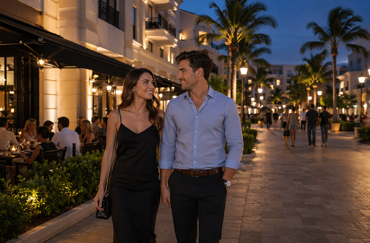 Young couple walking past Mizner Park at dusk