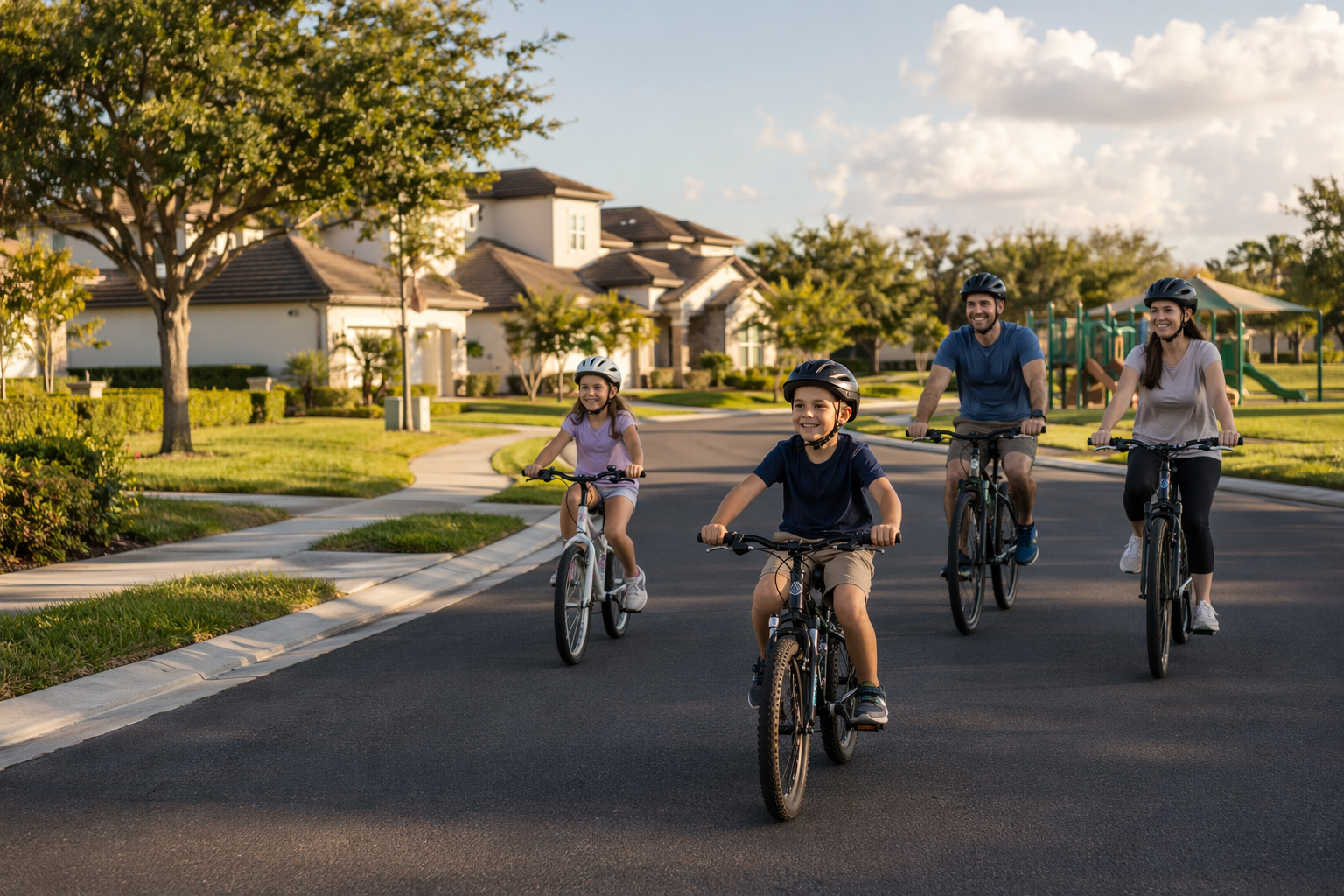 Parents and children biking through a quiet suburban neighborhood