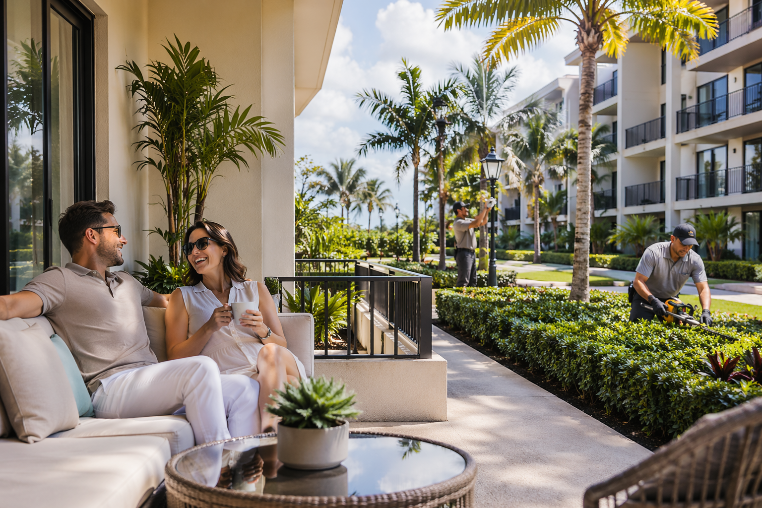 Top 8 Benefits of Living in a Residential Community Boca 1 Couple relaxing on patio while maintenance staff work nearby