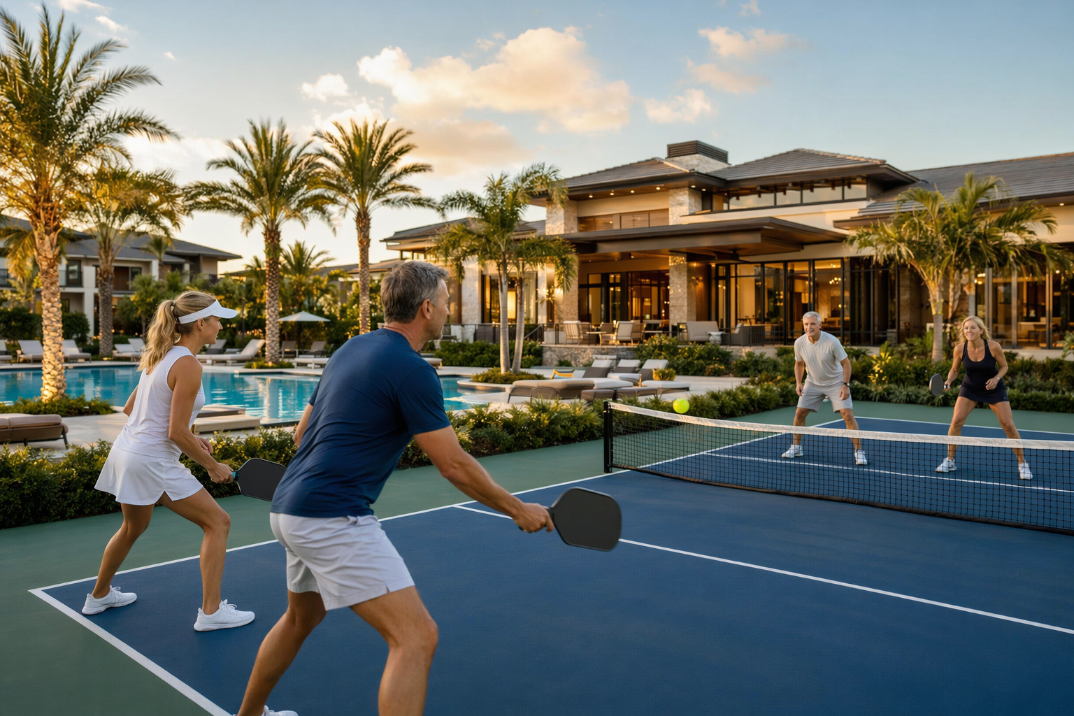 Top 8 Benefits of Living in a Residential Community Boca 2 Residents playing pickleball beside a palm-lined pool and modern clubhouse