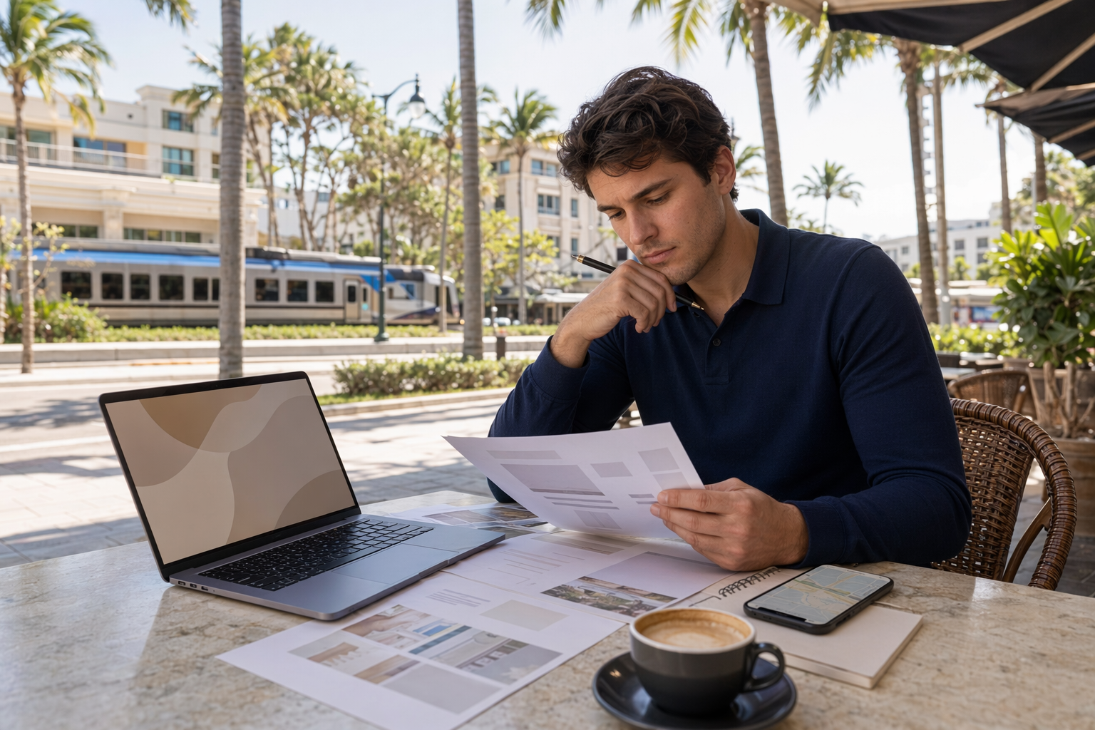 Young professional reviewing commute notes at outdoor cafe