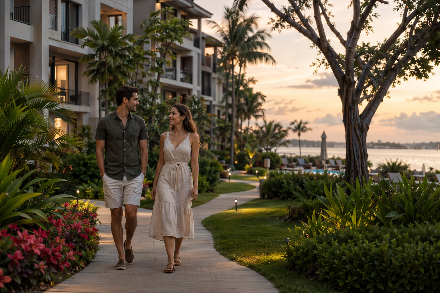 Young couple walking shaded garden path beside low-rise apartments