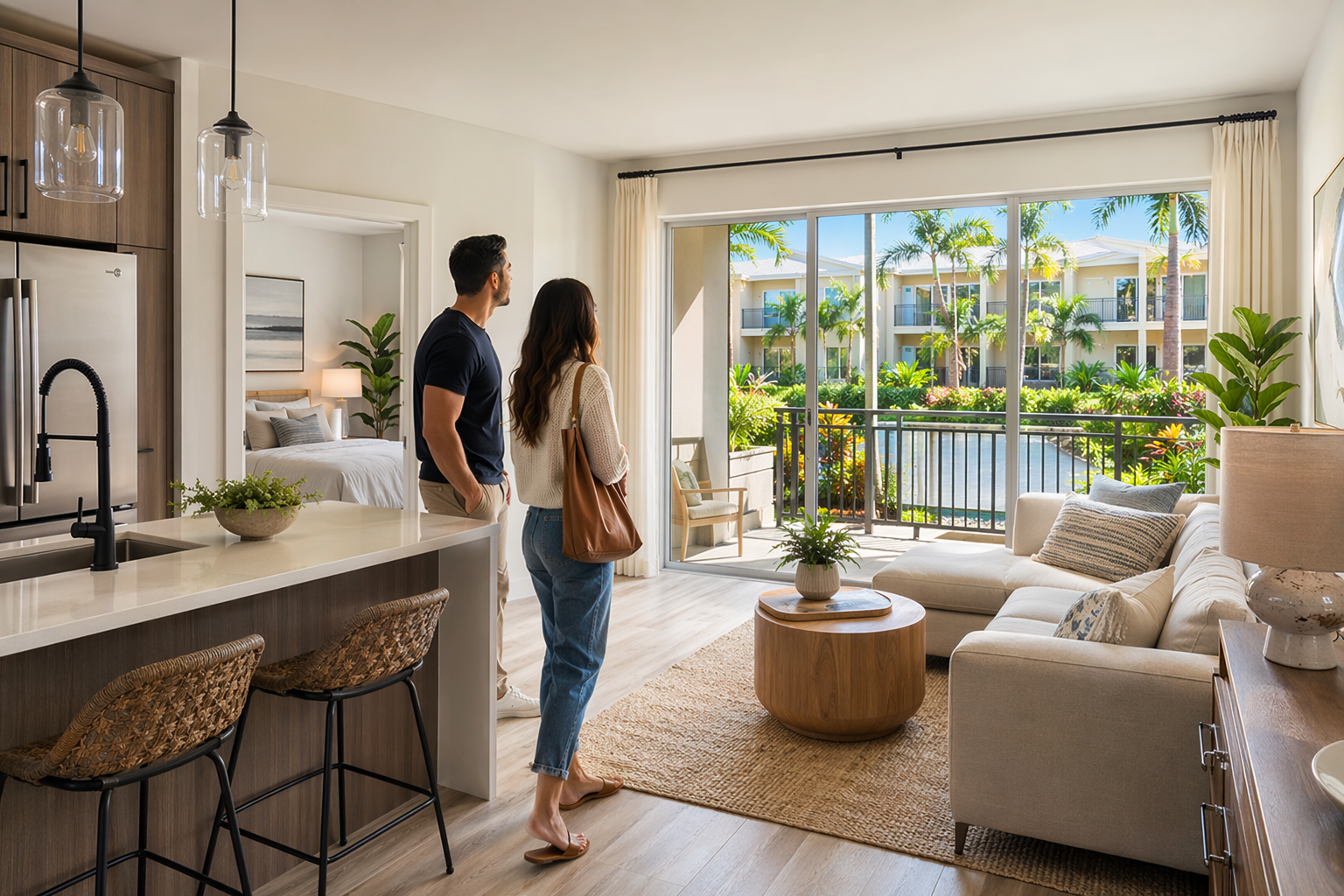 Young couple touring bright apartment with landscaped courtyard