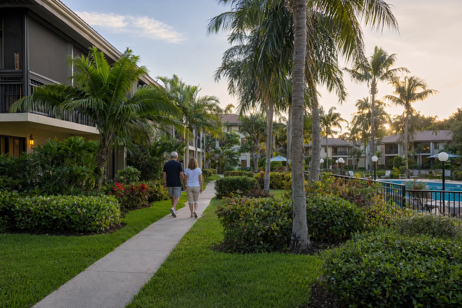 Residents strolling along shaded garden paths near palm-lined pool