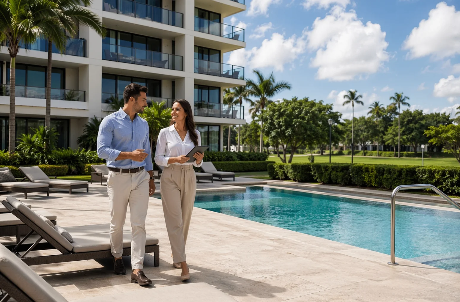 Review of Seven Park Residences: Boca’s New Luxury Option 4 Couple touring condo poolside in landscaped park