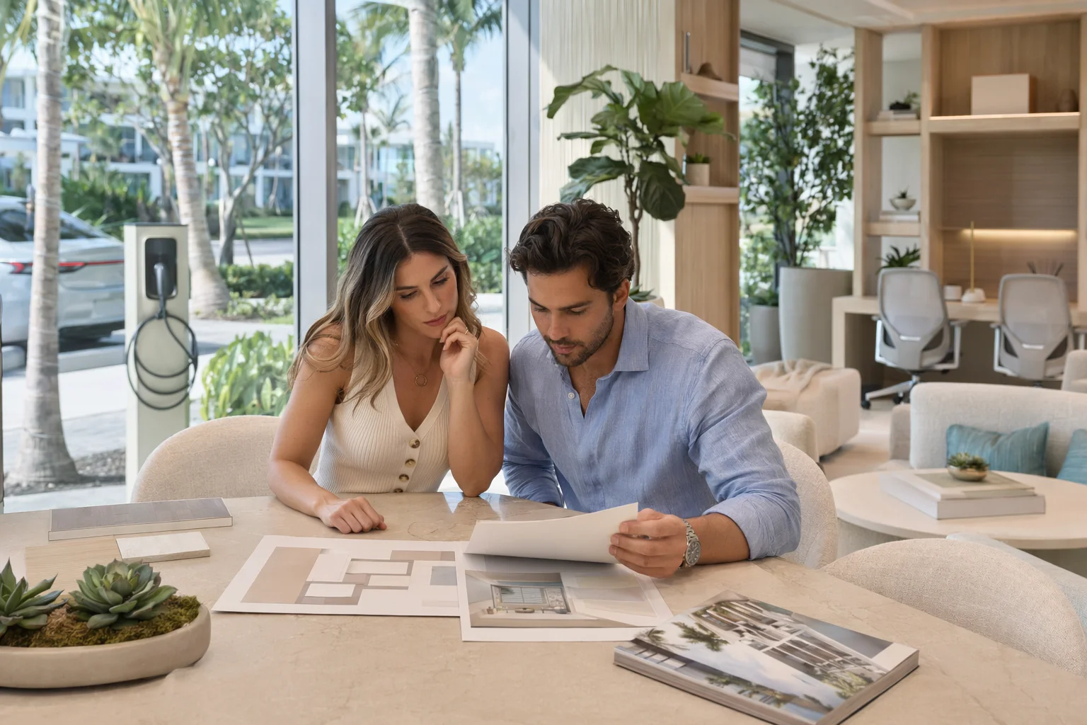 Review of Seven Park Residences: Boca’s New Luxury Option 3 Young couple reviewing condo brochures in modern leasing lounge