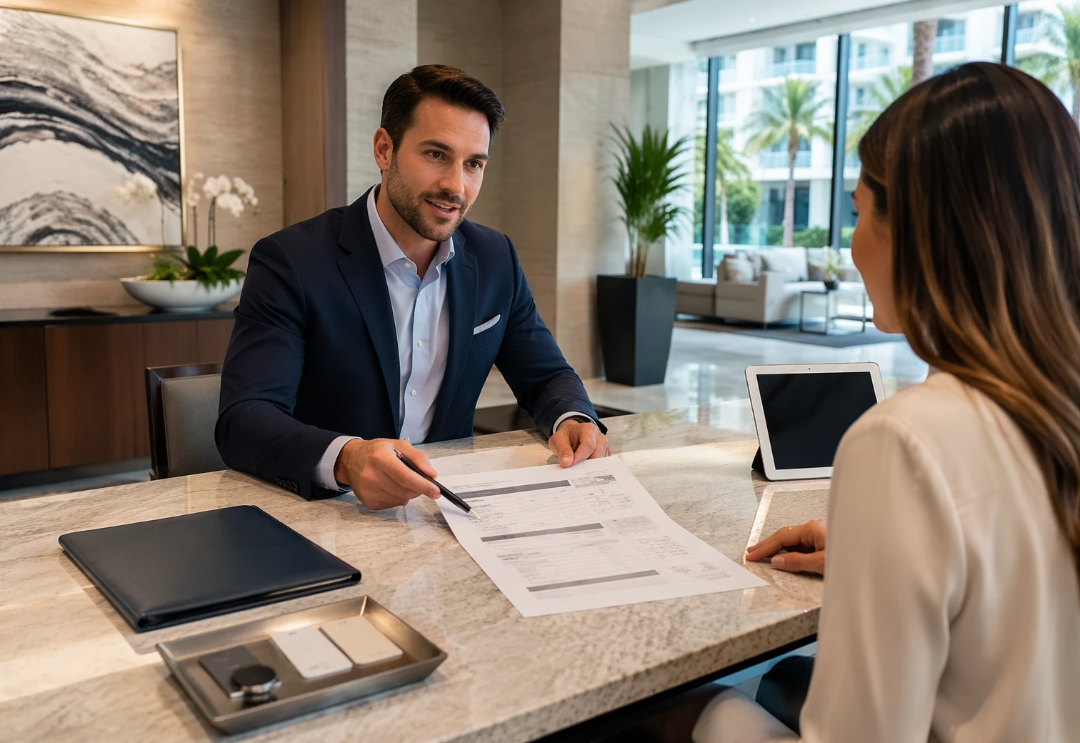 Luxury Apartments Boca: Hidden Fees to Check Before Buying 3 Leasing agent pointing to fee sheet at modern lobby desk