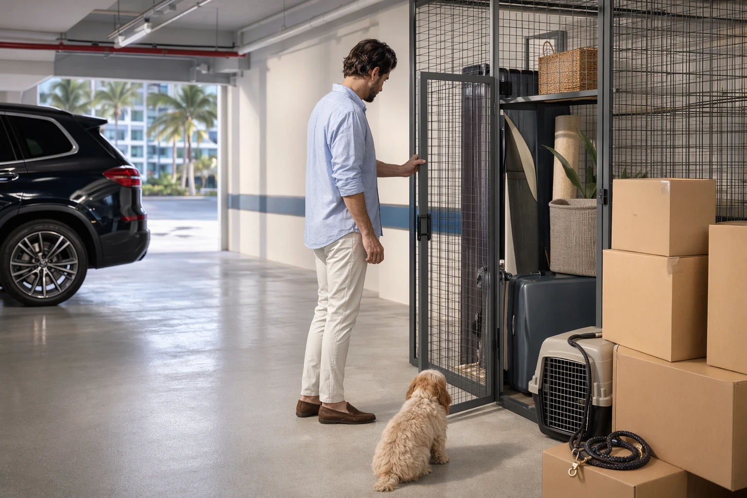 Luxury Apartments Boca: Hidden Fees to Check Before Buying 2 Resident opening storage cage beside stacked moving boxes