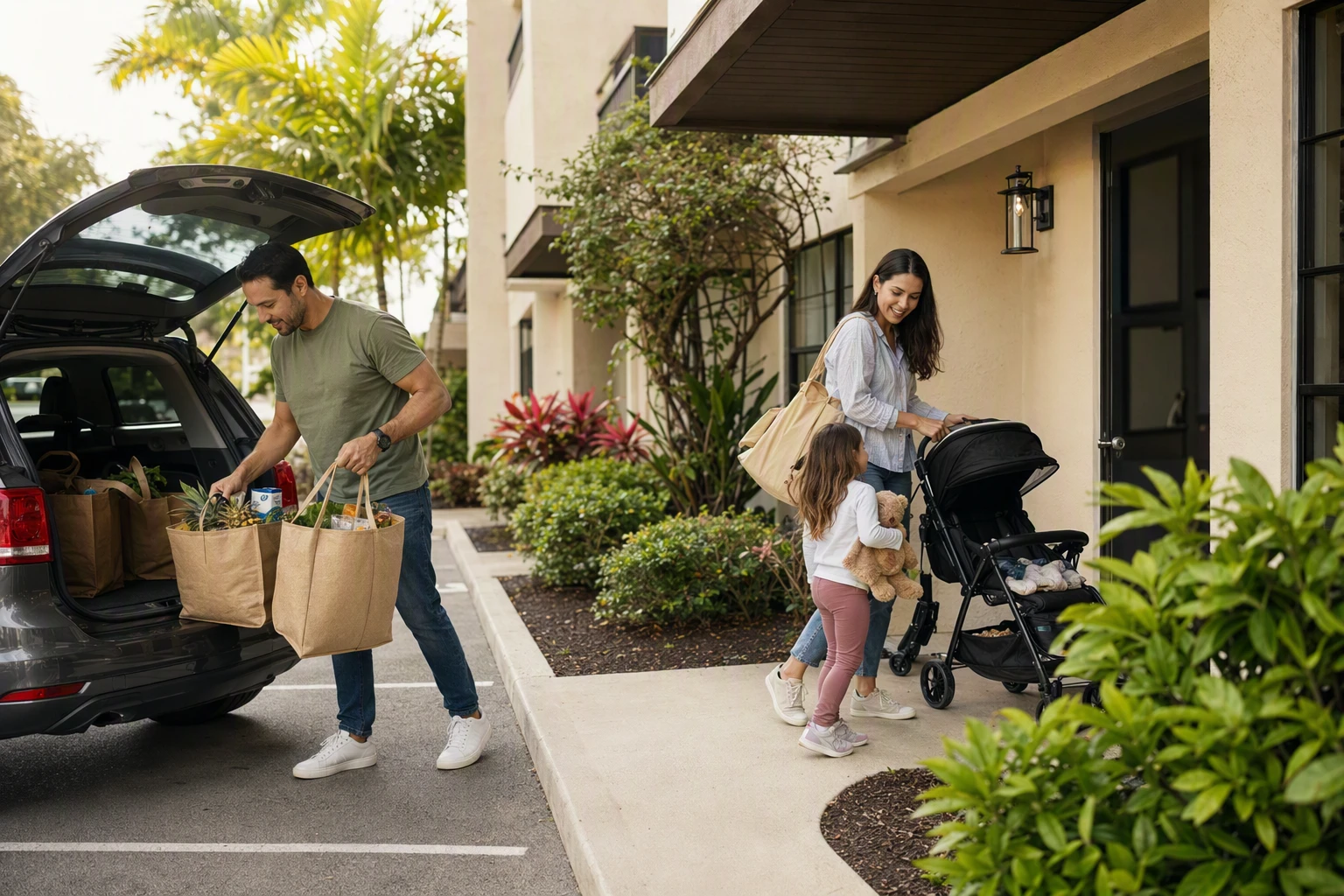 Parent unloading stroller and groceries outside apartment