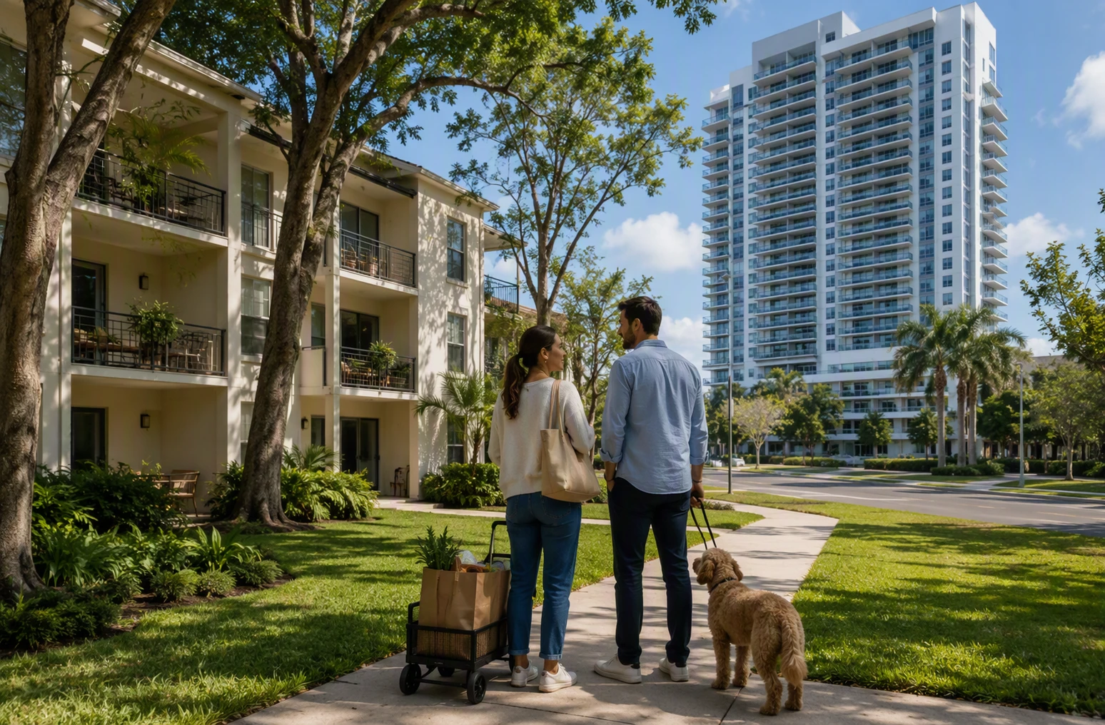 Couple comparing low-rise courtyard and high-rise apartment