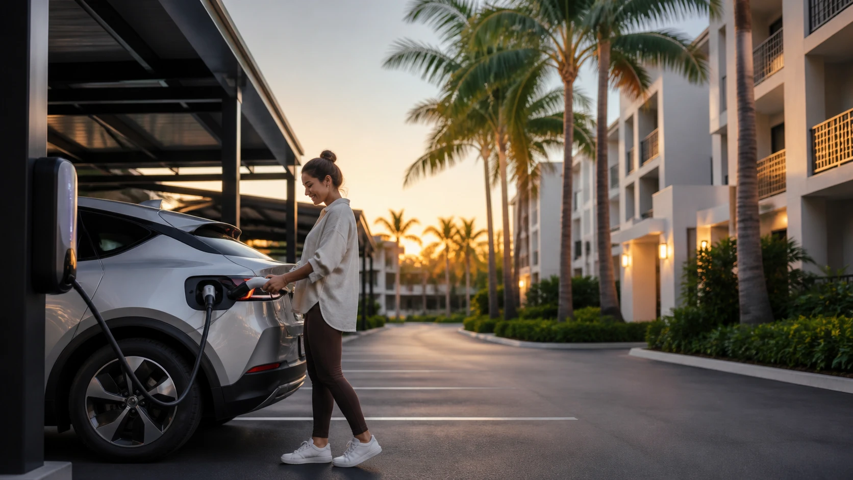 Boca Raton Apartment Communities Expand EV Charging 3 Resident charging EV beneath palm trees at dawn