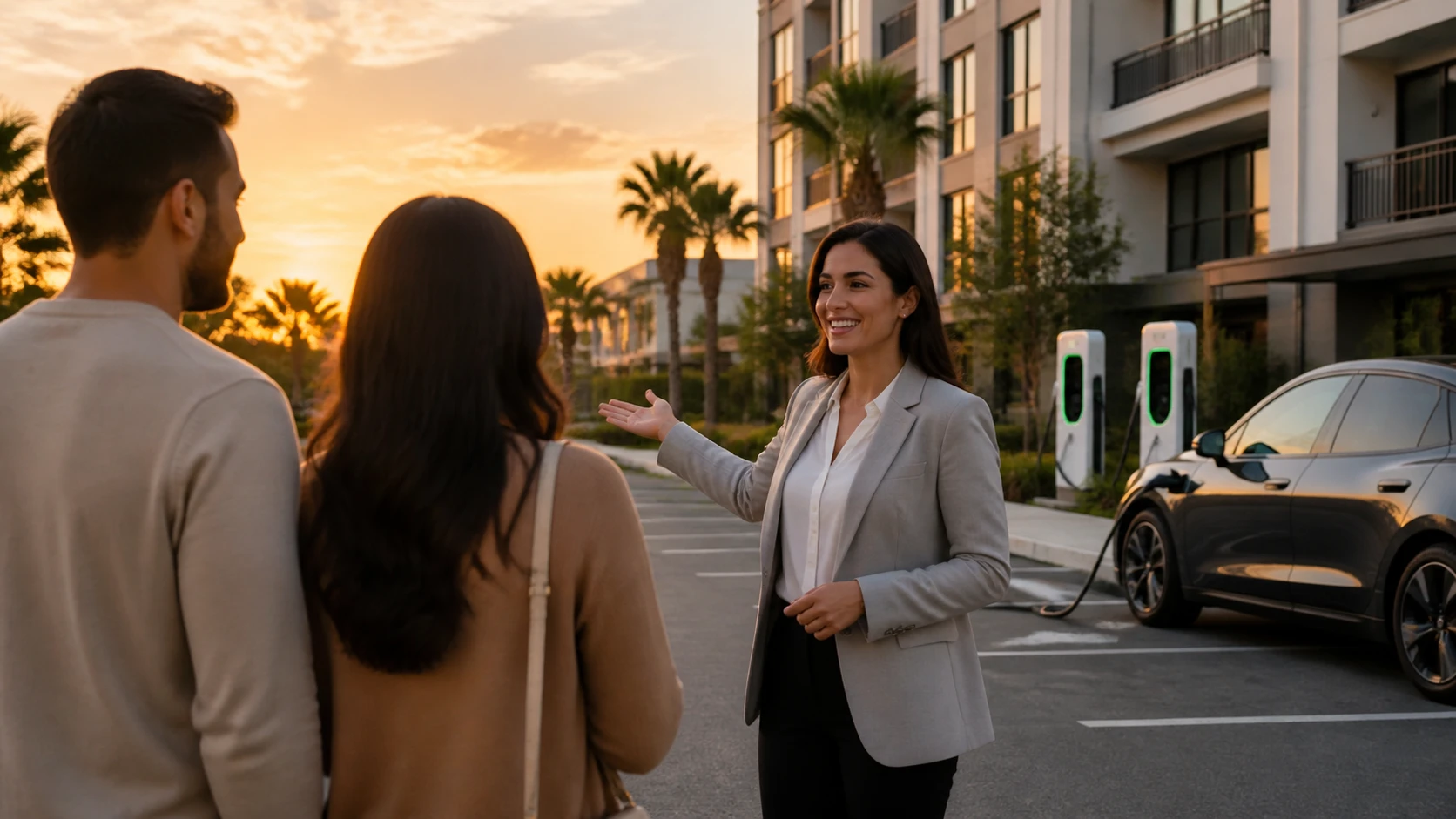 Boca Raton Apartment Communities Expand EV Charging 2 Leasing agent showing EV charging lot at sunset