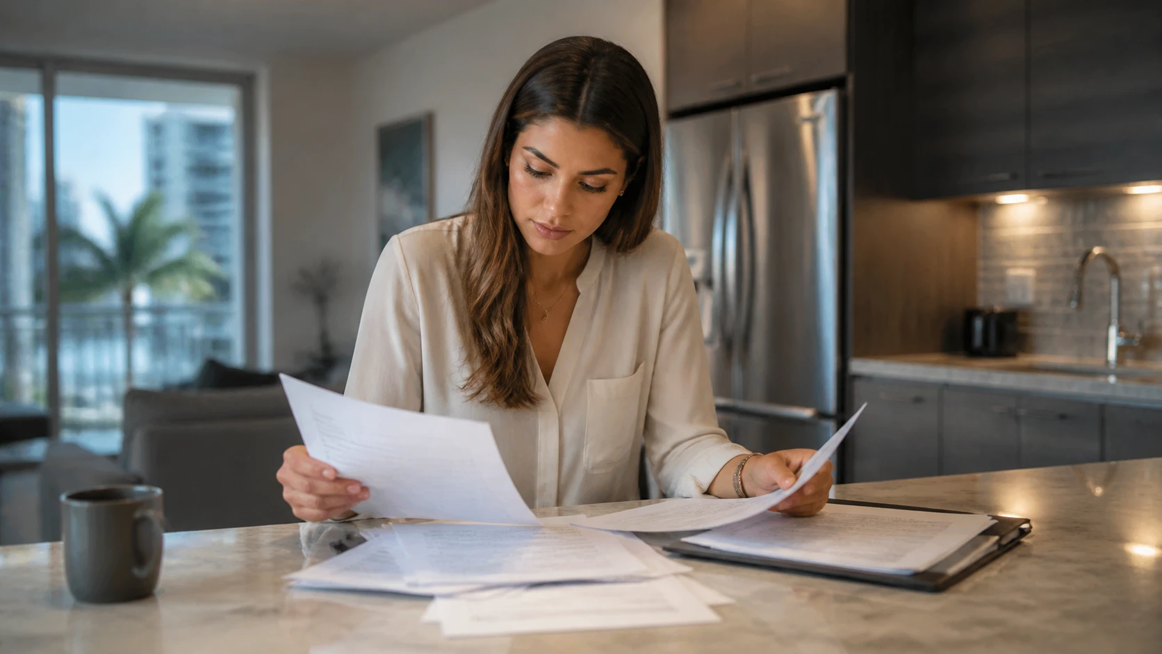 Luxury Apartments Boca: How to Compare Amenities and Fees 3 Renter reviewing lease documents at kitchen counter