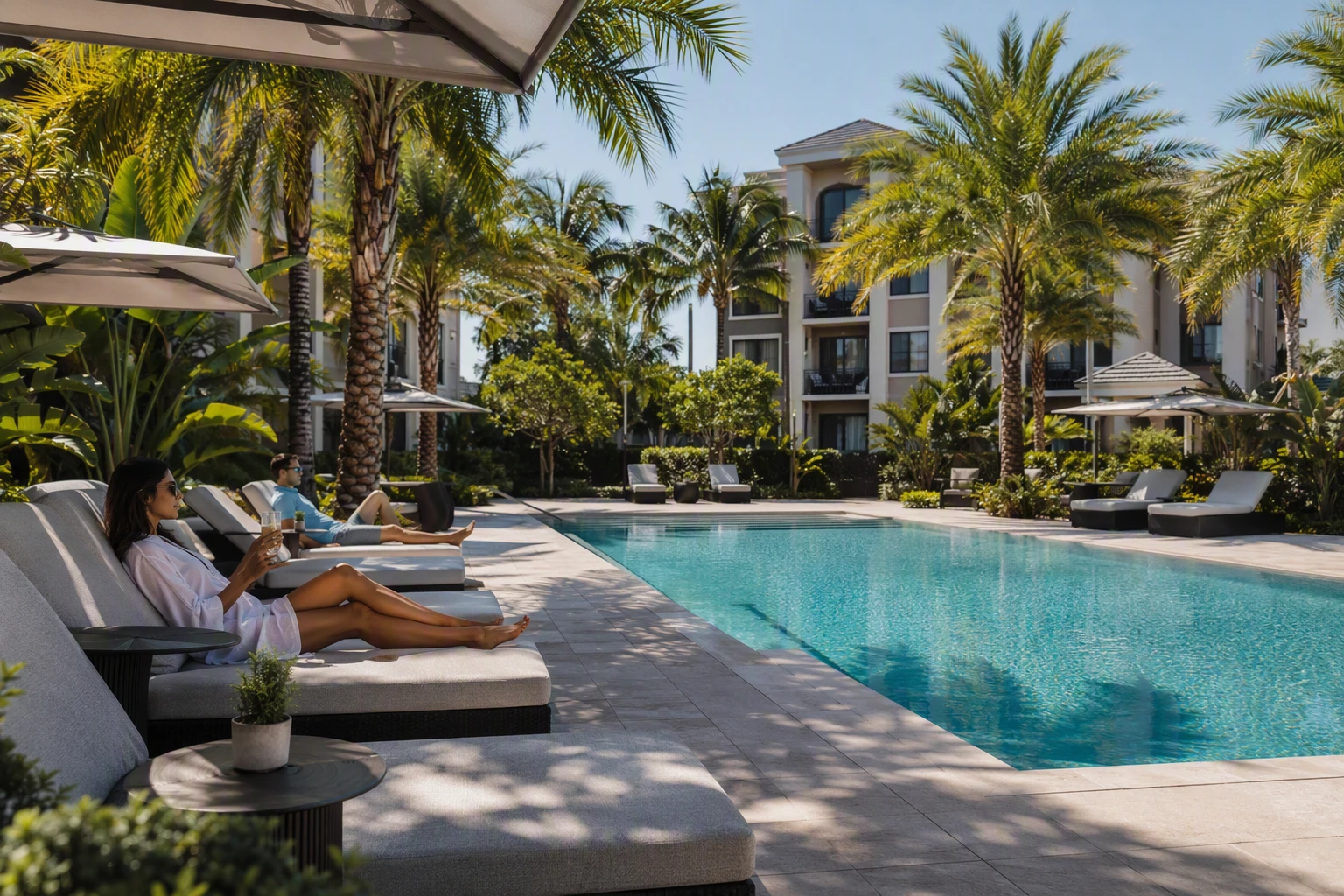 Boca Luxury Apartments: Must-Have Amenities for Comfort 2 Residents relaxing on shaded poolside loungers