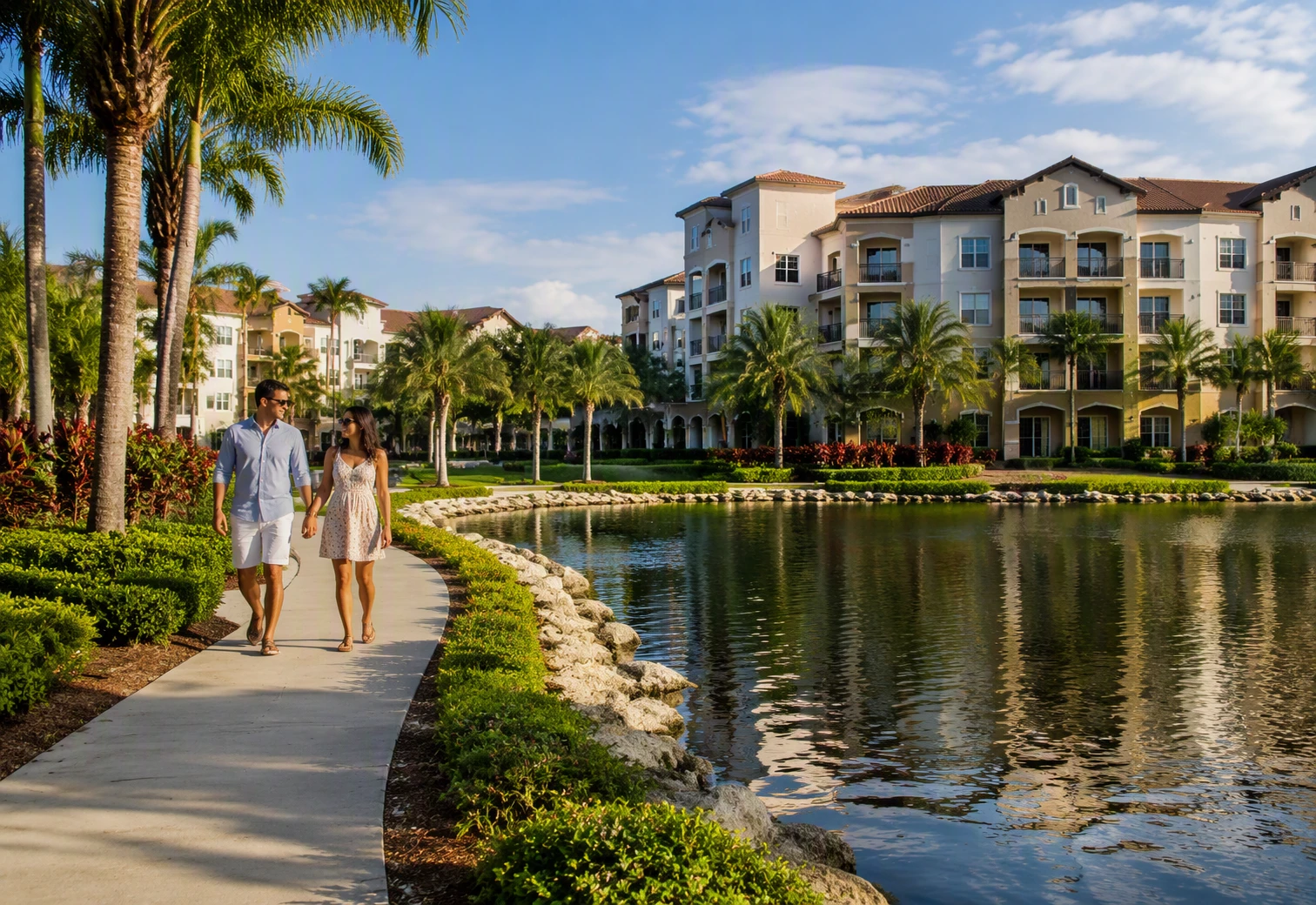 Lush Landscaping in Boca: Best Garden-Style Communities 3 Residents strolling along lakeside pathway with landscaped apartment buildings