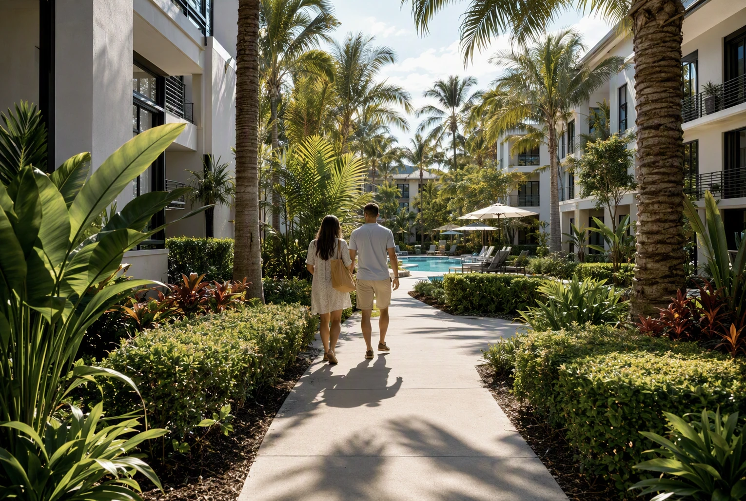 Lush Landscaping in Boca: Best Garden-Style Communities 2 Sunlit courtyard with palms and shaded walkways