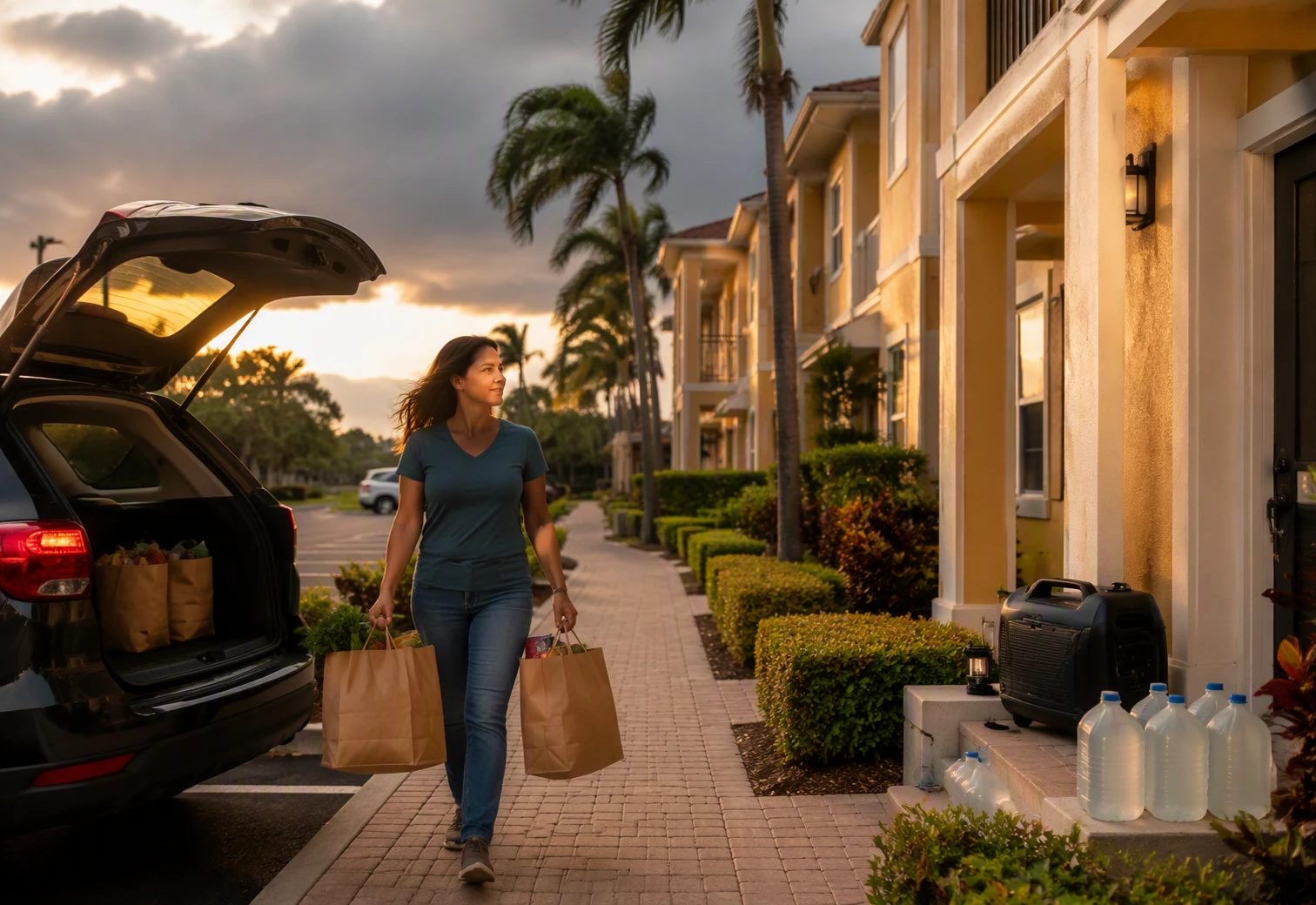 Garden Style Living vs High-Rise Apartments in Boca 4 Resident unloading groceries beside garden apartment walkway at sunset