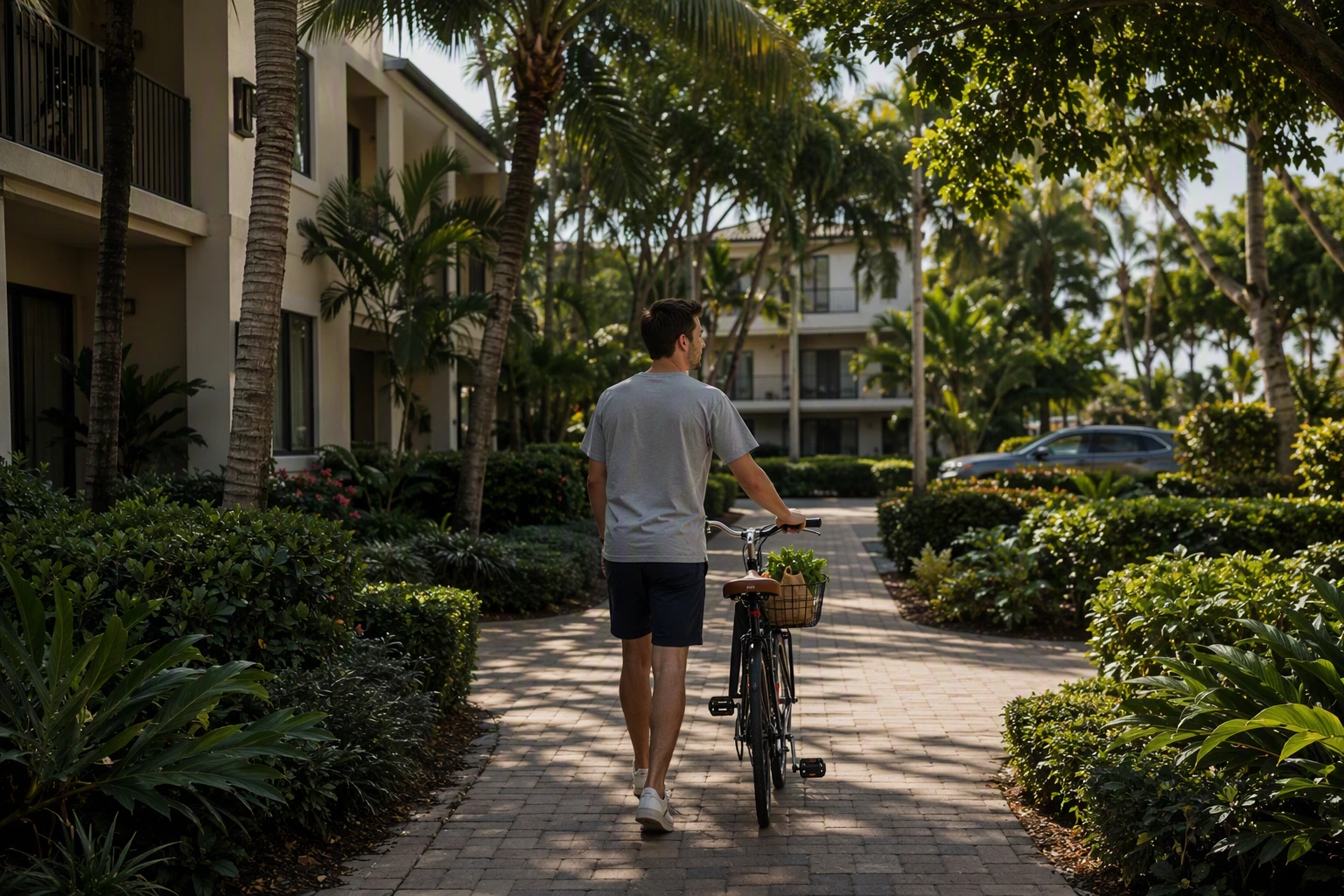 Garden Style Living vs High-Rise Apartments in Boca 5 Young professional cycling past shaded courtyard apartments