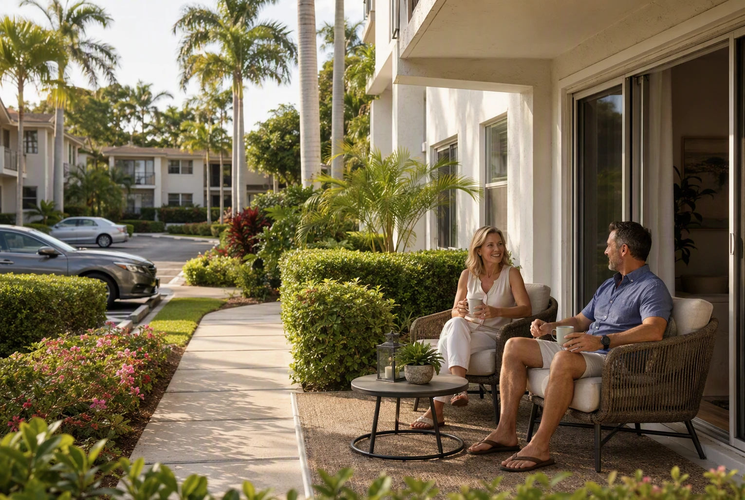 Garden Style Living vs High-Rise Apartments in Boca 3 Couple relaxing on garden patio with lush landscaping