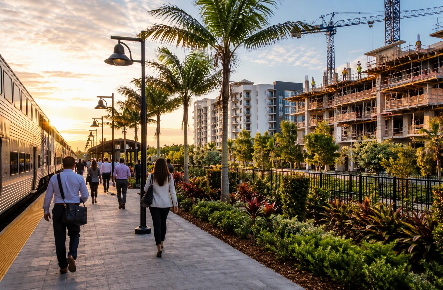 Commuters walking past landscaped transit platform at sunrise