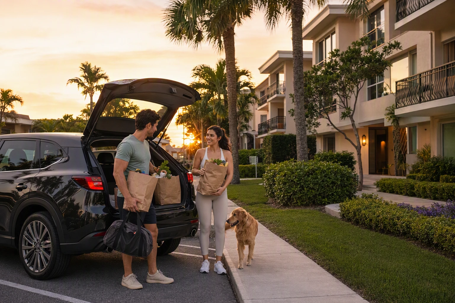 Young couple unloading groceries outside garden apartments at sunset