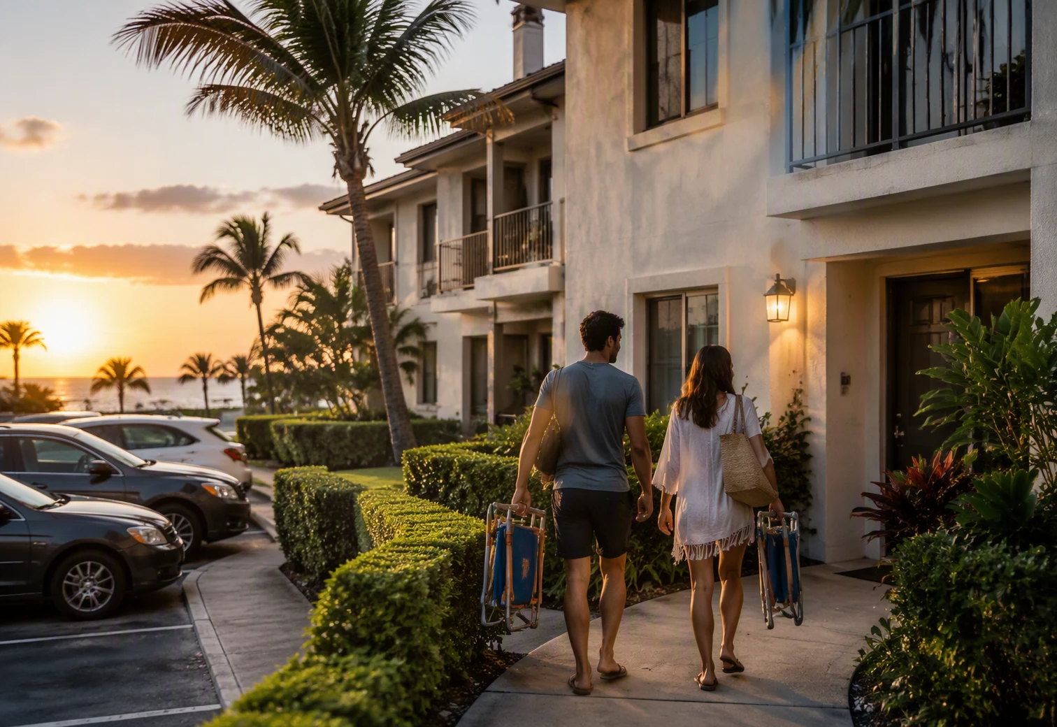 Boca Raton Apartments Near Beaches: Best Quiet Options 3 Young couple carrying beach chairs into quiet garden-style apartment at sunset