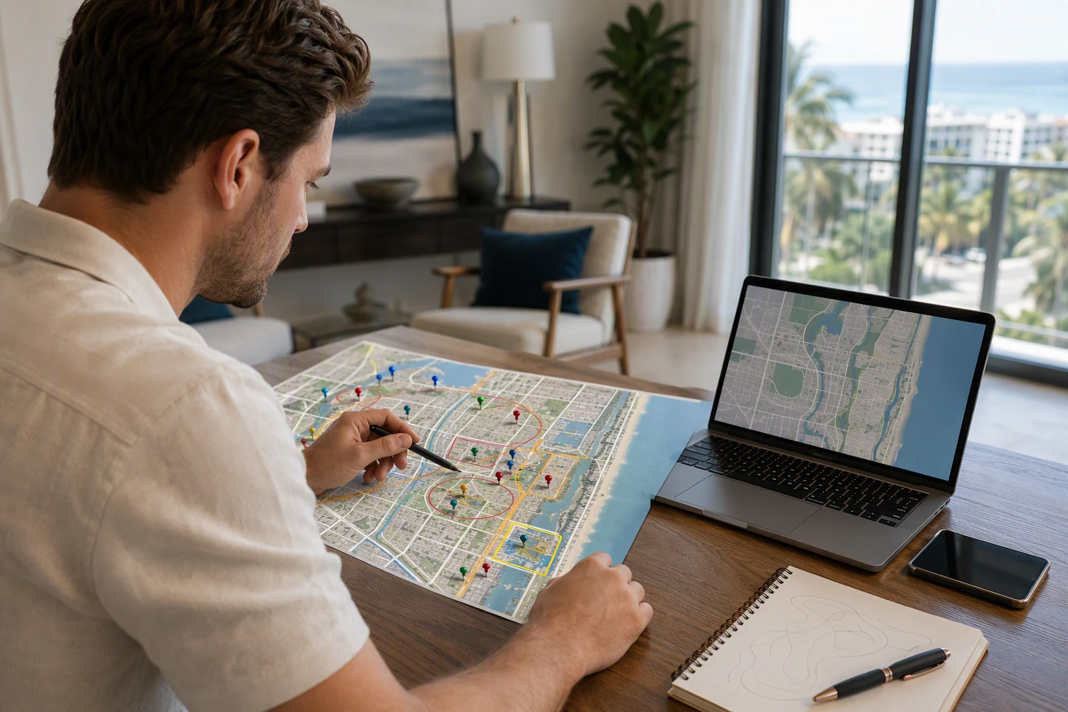Boca Raton Apartments Near Beaches: Best Quiet Options 2 Renter analyzing apartment map beside laptop