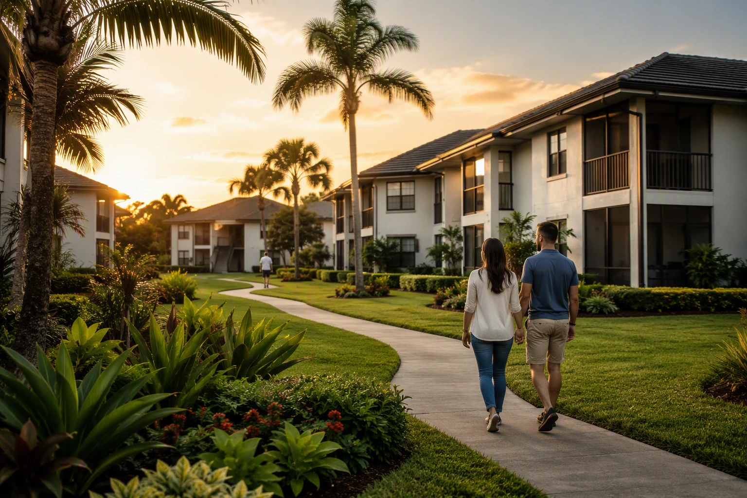 Residents strolling through a peaceful garden courtyard at sunset