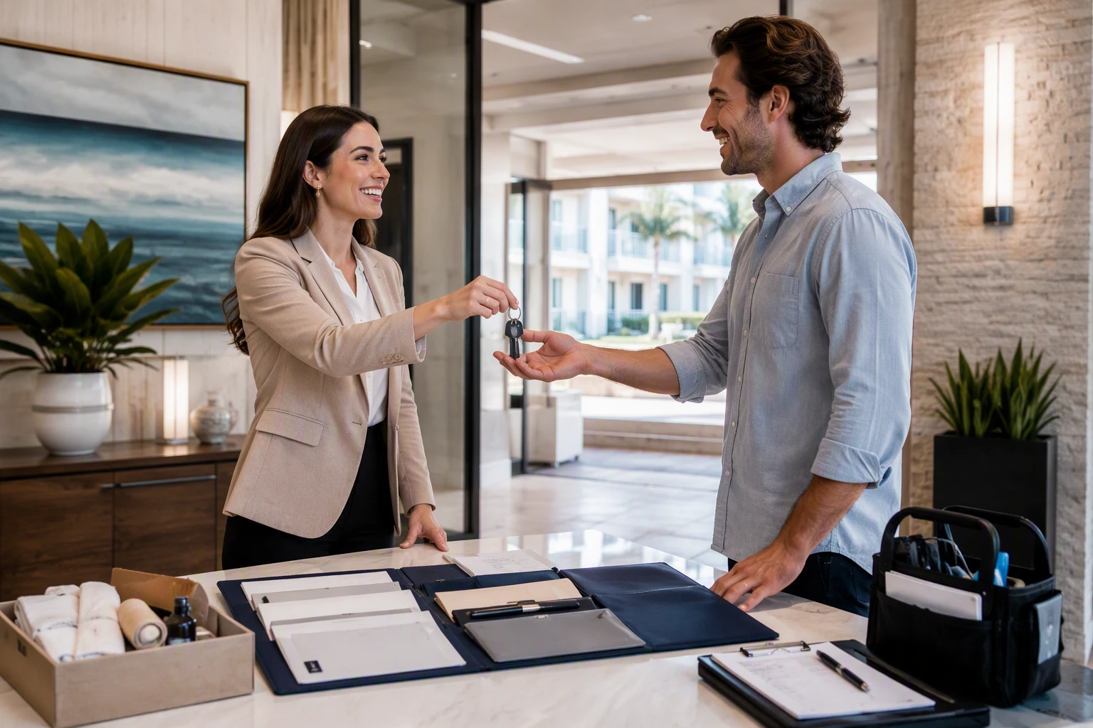 Leasing agent handing keys to new resident