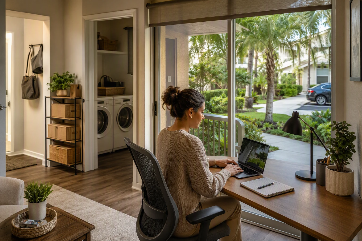 Resident working at desk by shaded patio doors