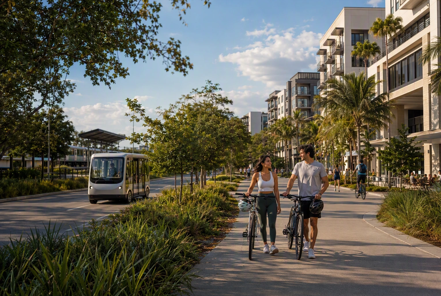 Couple biking along El Rio Trail near University Village