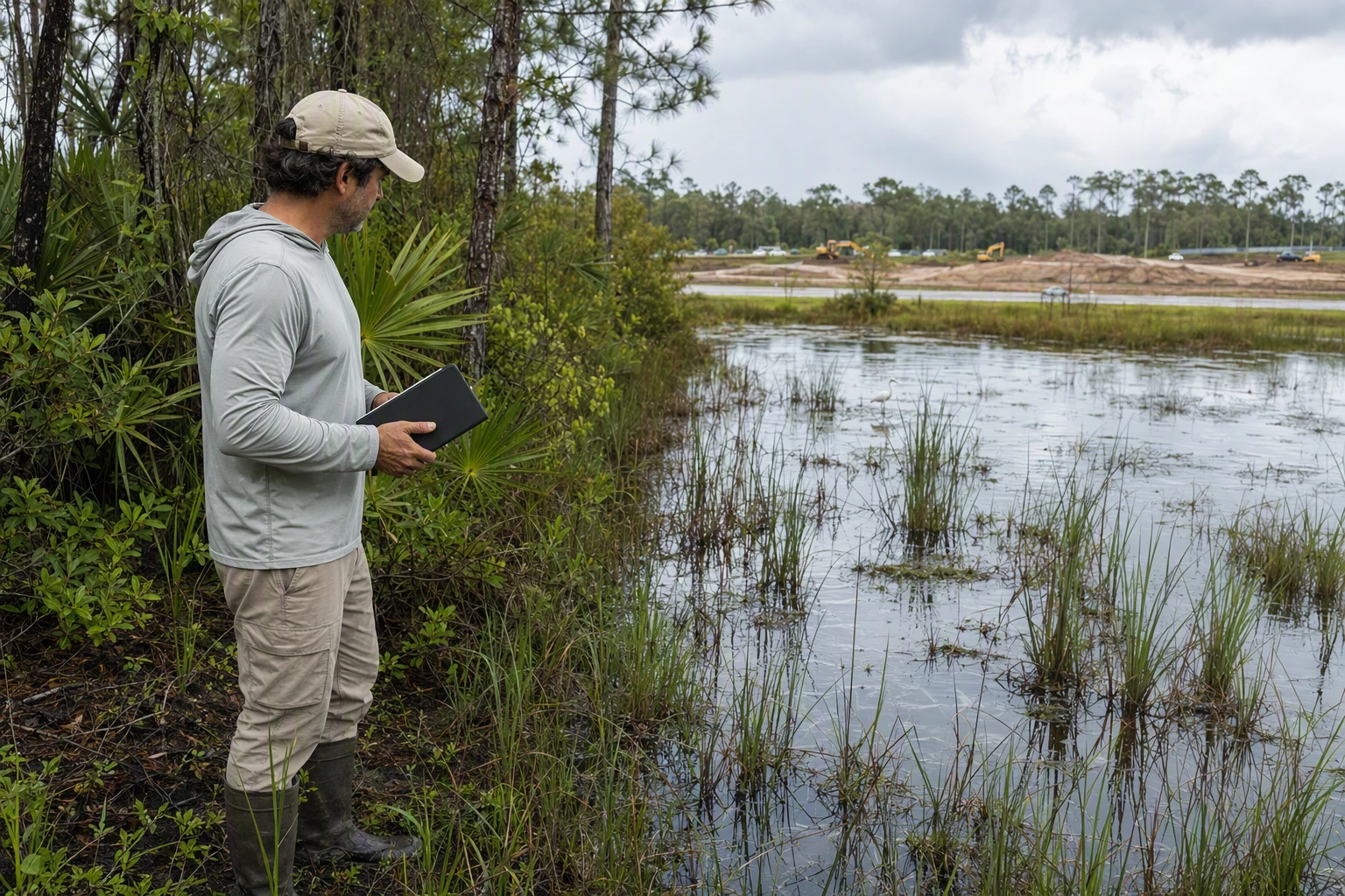A resident surveys a wetland buffer near scrubland