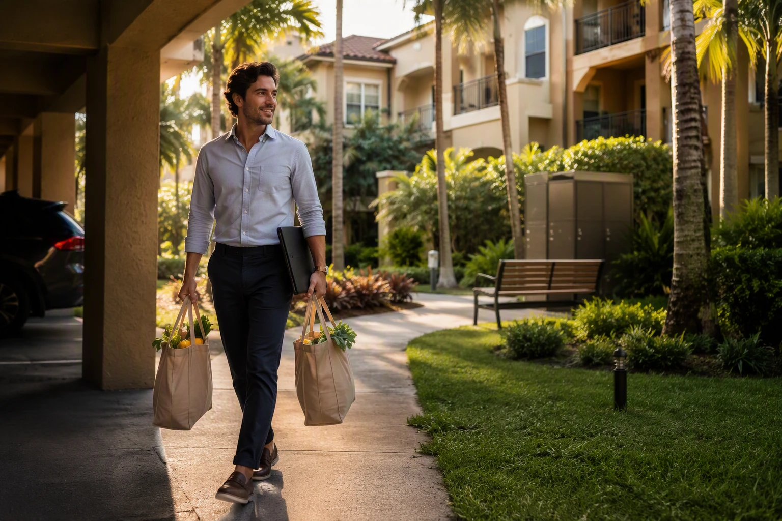 Professional carrying groceries through lush courtyard